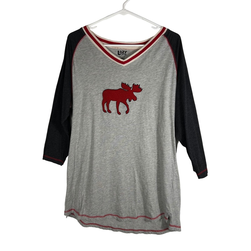 Lazy One Womens‎ Tall Tee TLS Moose Raglan Sleep Shirt Gray Red 3/4 Sleeve L